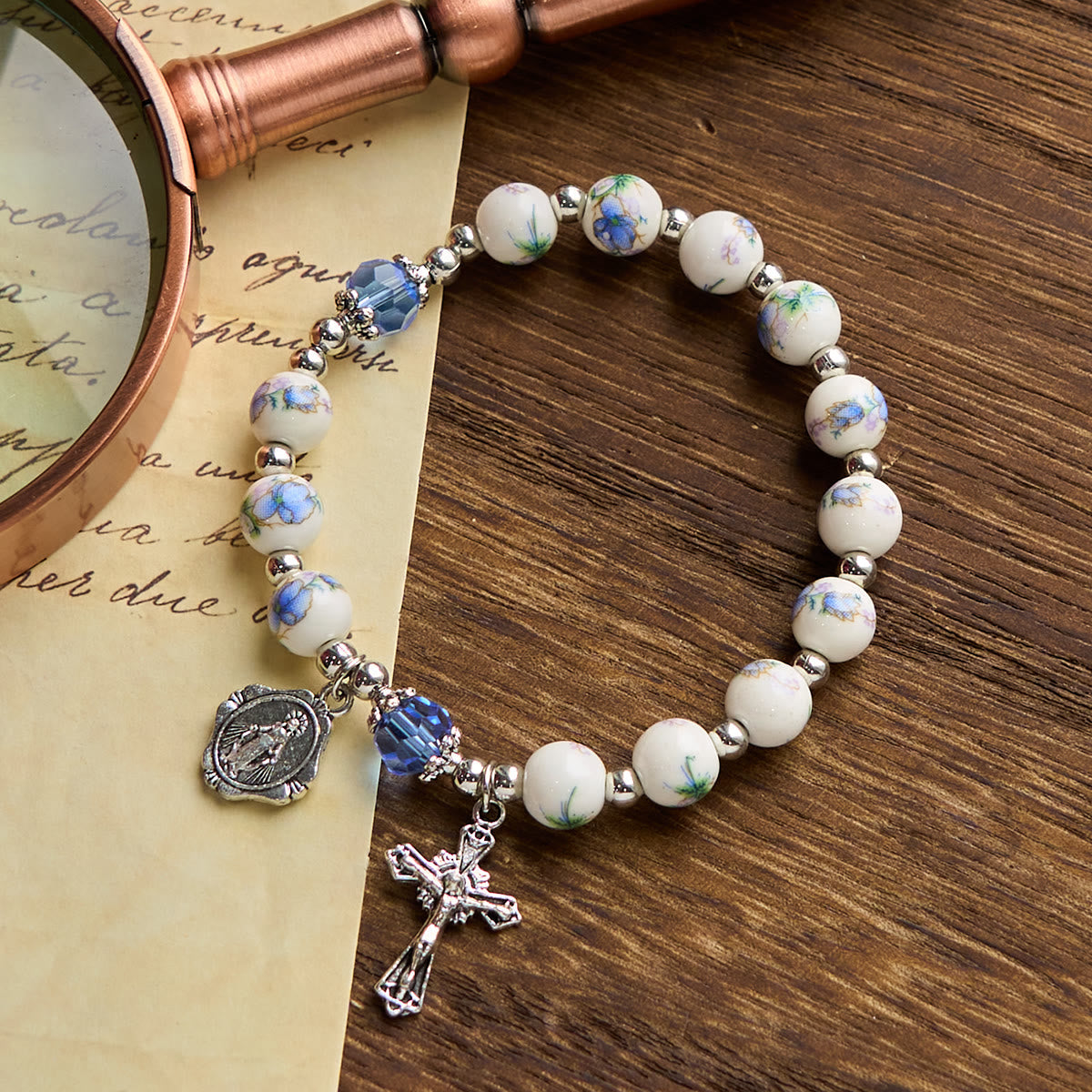 Christianartworkshop Multi-color Floral Ceramic Stretch Bracelet with Miraculous Medal & Crucifix: Subtle Faith Elegance