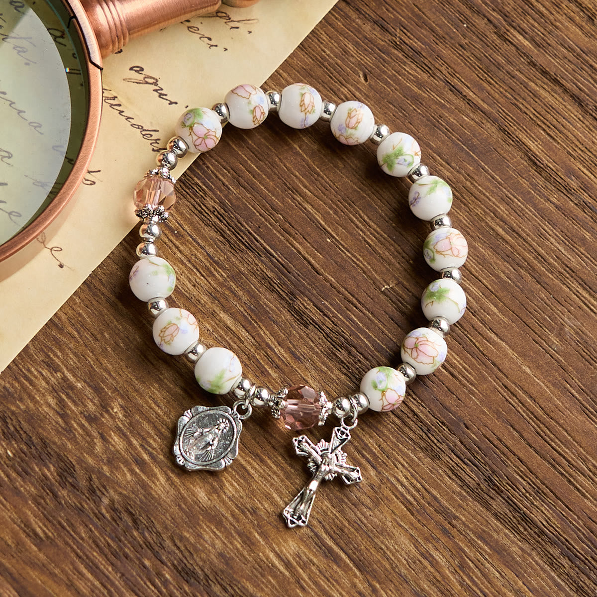 Christianartworkshop Multi-color Floral Ceramic Stretch Bracelet with Miraculous Medal & Crucifix: Subtle Faith Elegance