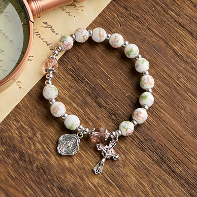 Christianartworkshop Multi-color Floral Ceramic Stretch Bracelet with Miraculous Medal & Crucifix: Subtle Faith Elegance