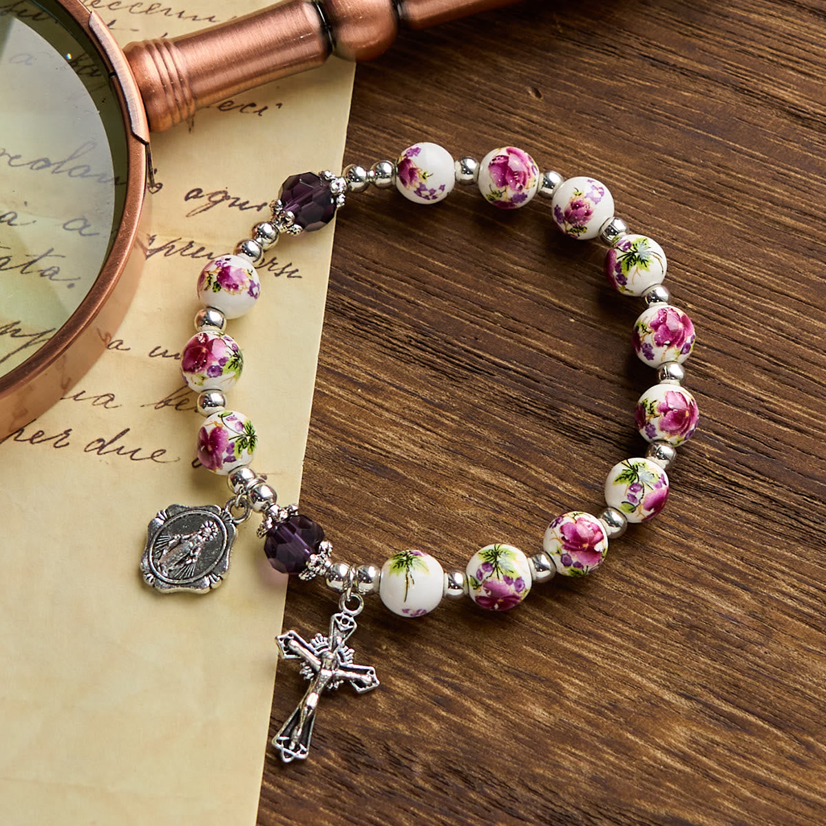 Christianartworkshop Multi-color Floral Ceramic Stretch Bracelet with Miraculous Medal & Crucifix: Subtle Faith Elegance
