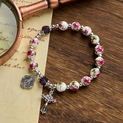 Christianartworkshop Multi-color Floral Ceramic Stretch Bracelet with Miraculous Medal & Crucifix: Subtle Faith Elegance