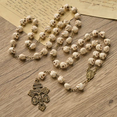 Christianartworkshop Saint Benedict & Crucifix of 8 mm White Pine Skull Alloy Chain Rosary Necklace