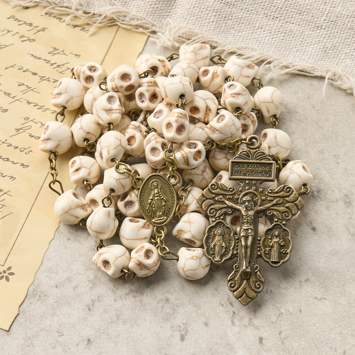 FREE Today: Saint Benedict & Crucifix of 8 mm White Pine Skull Alloy Chain Rosary Necklace