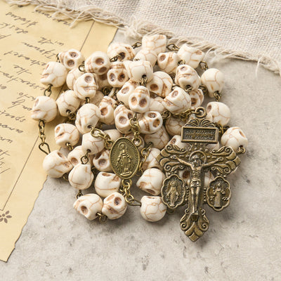 FREE Today: Saint Benedict & Crucifix of 8 mm White Pine Skull Alloy Chain Rosary Necklace