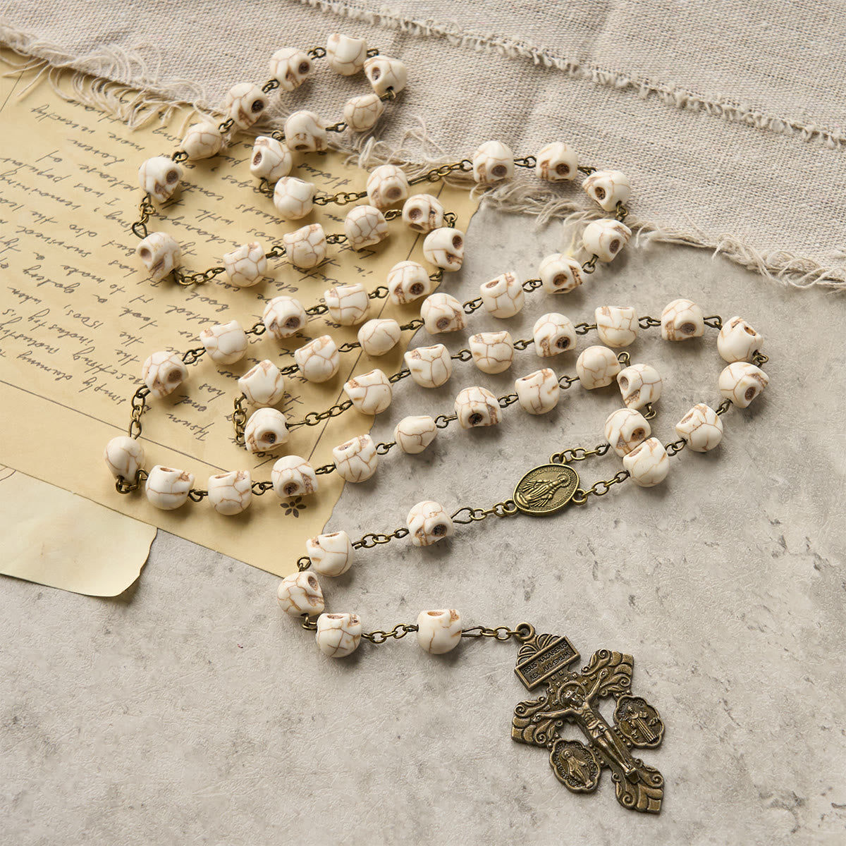 FREE Today: Saint Benedict & Crucifix of 8 mm White Pine Skull Alloy Chain Rosary Necklace