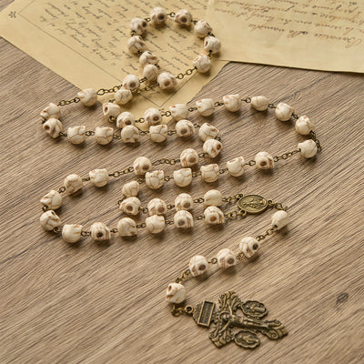 FREE Today: Saint Benedict & Crucifix of 8 mm White Pine Skull Alloy Chain Rosary Necklace