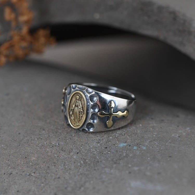 Christianartworkshop 925 Sterling Silver Retro Style Virgin Mary Blessing Badge Religious Ring