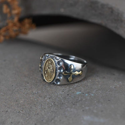 Christianartworkshop 925 Sterling Silver Retro Style Virgin Mary Blessing Badge Religious Ring