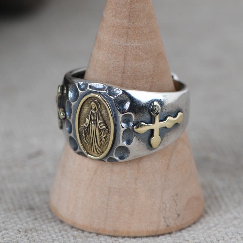 Christianartworkshop 925 Sterling Silver Retro Style Virgin Mary Blessing Badge Religious Ring