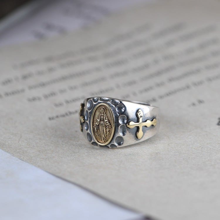 Christianartworkshop 925 Sterling Silver Retro Style Virgin Mary Blessing Badge Religious Ring