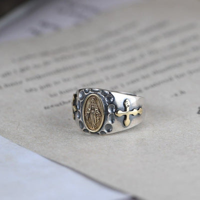 Christianartworkshop 925 Sterling Silver Retro Style Virgin Mary Blessing Badge Religious Ring