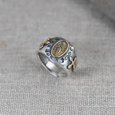 Christianartworkshop 925 Sterling Silver Retro Style Virgin Mary Blessing Badge Religious Ring