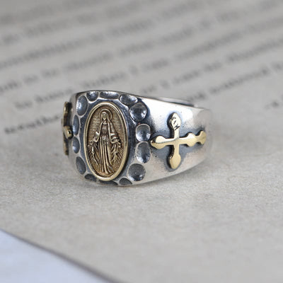 Christianartworkshop 925 Sterling Silver Retro Style Virgin Mary Blessing Badge Religious Ring