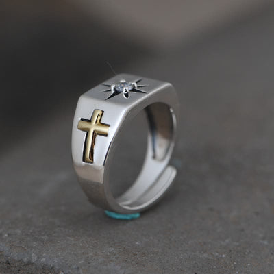Christianartworkshop Cross and Virgin Mary with White Cubic 925 Sterling Silver Adjustable Vintage Ring