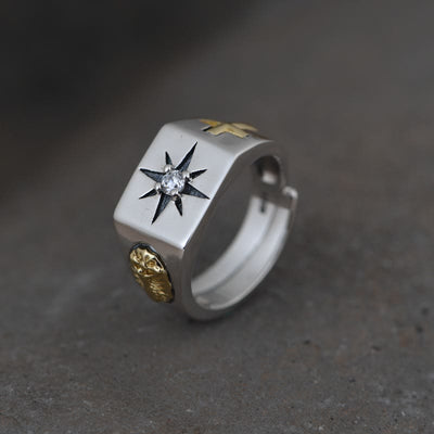 Christianartworkshop Cross and Virgin Mary with White Cubic 925 Sterling Silver Adjustable Vintage Ring