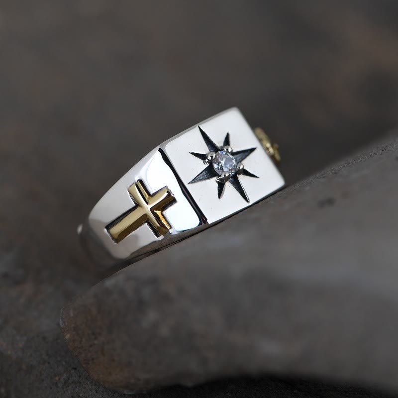 Christianartworkshop Cross and Virgin Mary with White Cubic 925 Sterling Silver Adjustable Vintage Ring