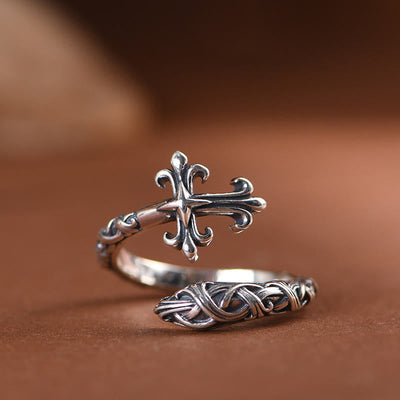 Christianartworkshop Retro 925 Silver Cross Ring with Delicate Vine Engravings: Pure Expression of Faith