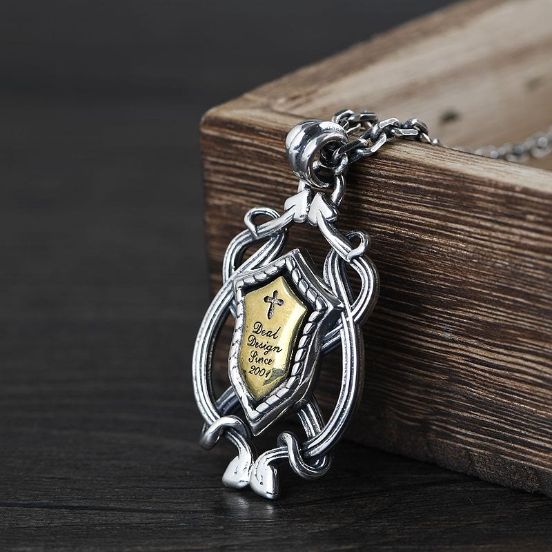 Christianartworkshop 925 Sterling Silver Armor Cross Pendant with Golden Core Sacred Crest Necklace: Shield of Grace