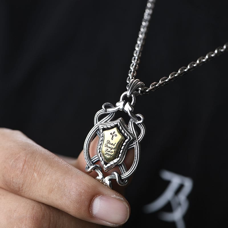 Christianartworkshop 925 Sterling Silver Armor Cross Pendant with Golden Core Sacred Crest Necklace: Shield of Grace