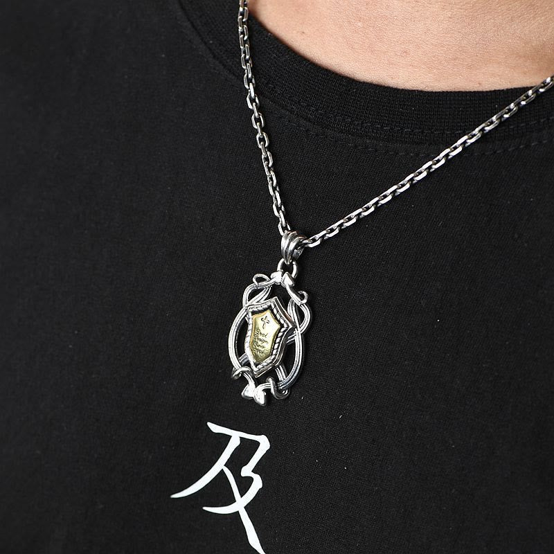 Christianartworkshop 925 Sterling Silver Armor Cross Pendant with Golden Core Sacred Crest Necklace: Shield of Grace