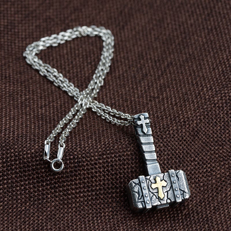Christianartworkshop Sacred 925 Silver Hammer Cross Necklace: Rugged Faith Symbol with Retro Edge