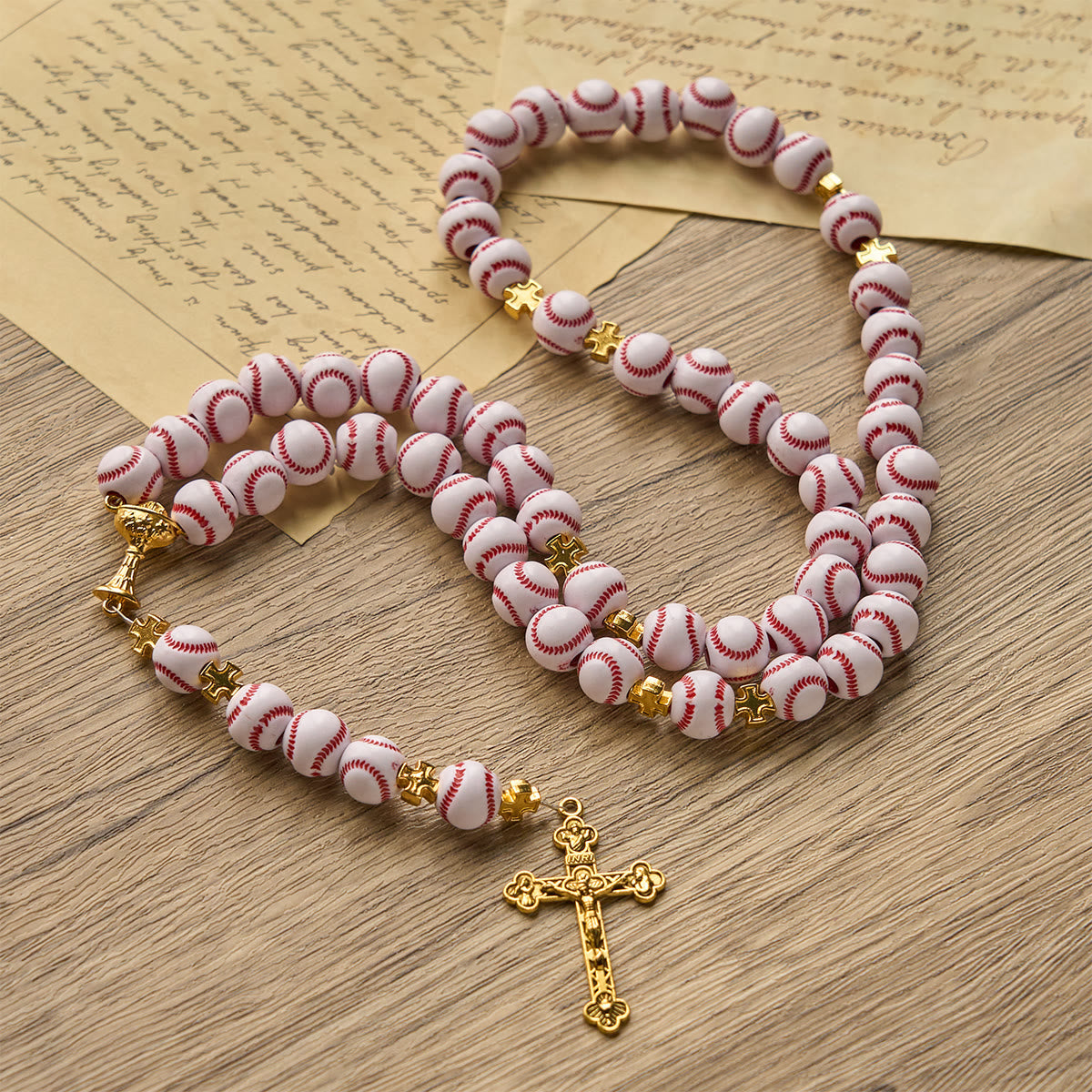 Christianartworkshop PRAYERFUL FAITH: Blessed Miniature Baseball Beads Rosary with Golden Holy Chalice & Crucifix
