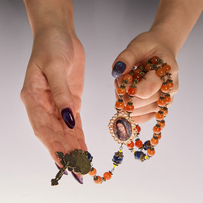 Christianartworkshop Handmade Orange Chalcedony Our Lady St. Benedict Medal Rosary