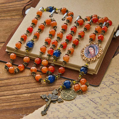Christianartworkshop Handmade Orange Chalcedony Our Lady St. Benedict Medal Rosary