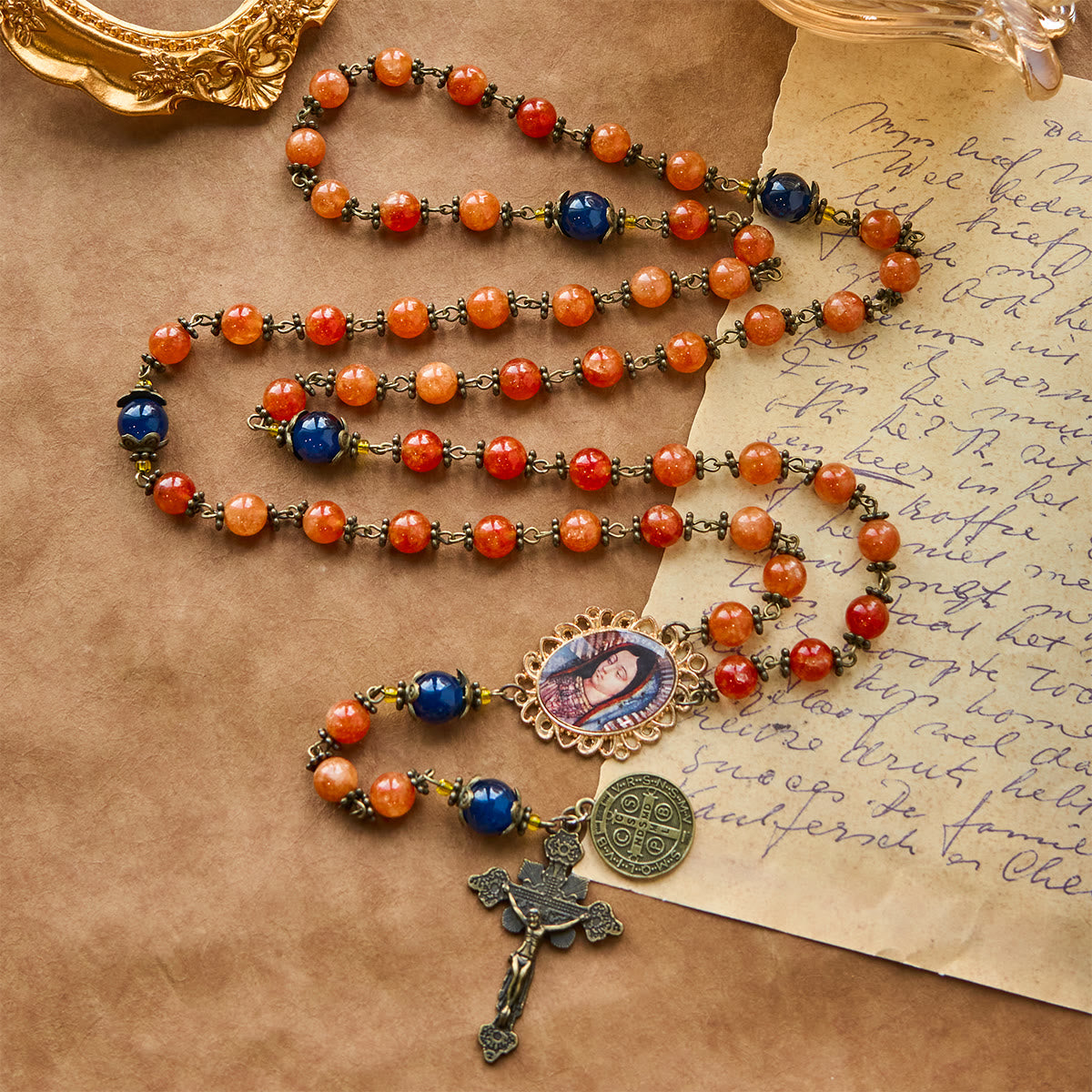 Christianartworkshop Handmade Orange Chalcedony Our Lady St. Benedict Medal Rosary