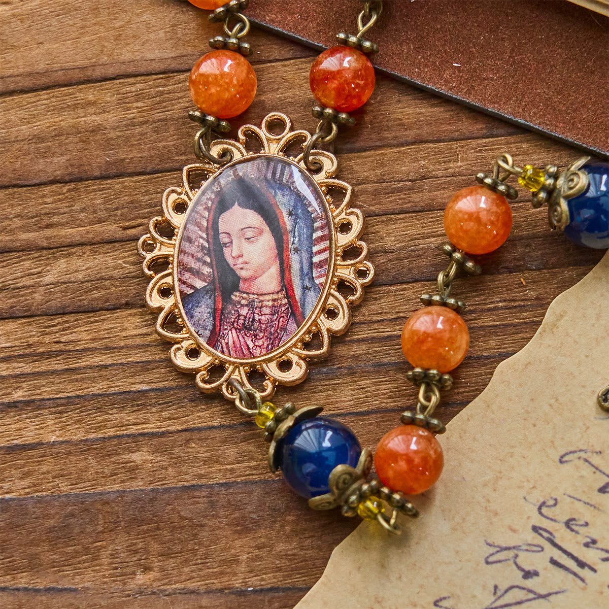 Christianartworkshop Handmade Orange Chalcedony Our Lady St. Benedict Medal Rosary