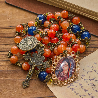 Christianartworkshop Handmade Orange Chalcedony Our Lady St. Benedict Medal Rosary