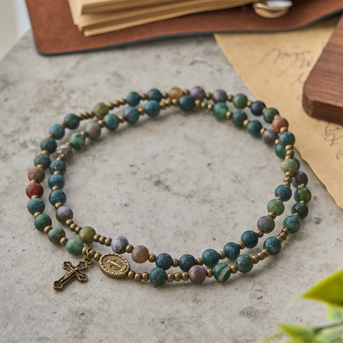 Christianartworkshop Earth-Toned Multicolor Round Beads with Bronze Miraculous Medal & Crucifix Rosary and Bracelet