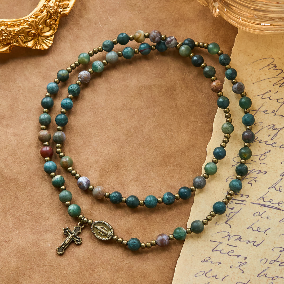 Christianartworkshop Earth-Toned Multicolor Round Beads with Bronze Miraculous Medal & Crucifix Rosary and Bracelet