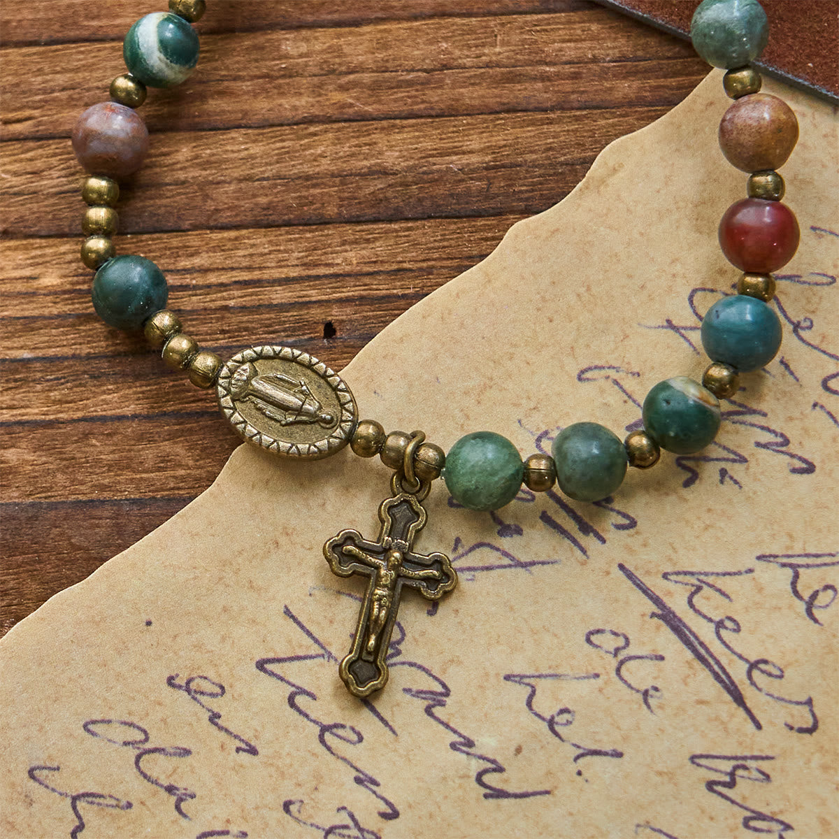 Christianartworkshop Earth-Toned Multicolor Round Beads with Bronze Miraculous Medal & Crucifix Rosary and Bracelet