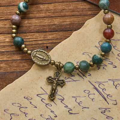 Christianartworkshop Earth-Toned Multicolor Round Beads with Bronze Miraculous Medal & Crucifix Rosary and Bracelet