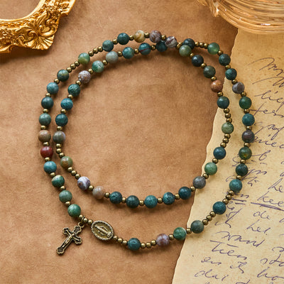 Christianartworkshop Earth-Toned Multicolor Round Beads with Bronze Miraculous Medal & Crucifix Rosary and Bracelet