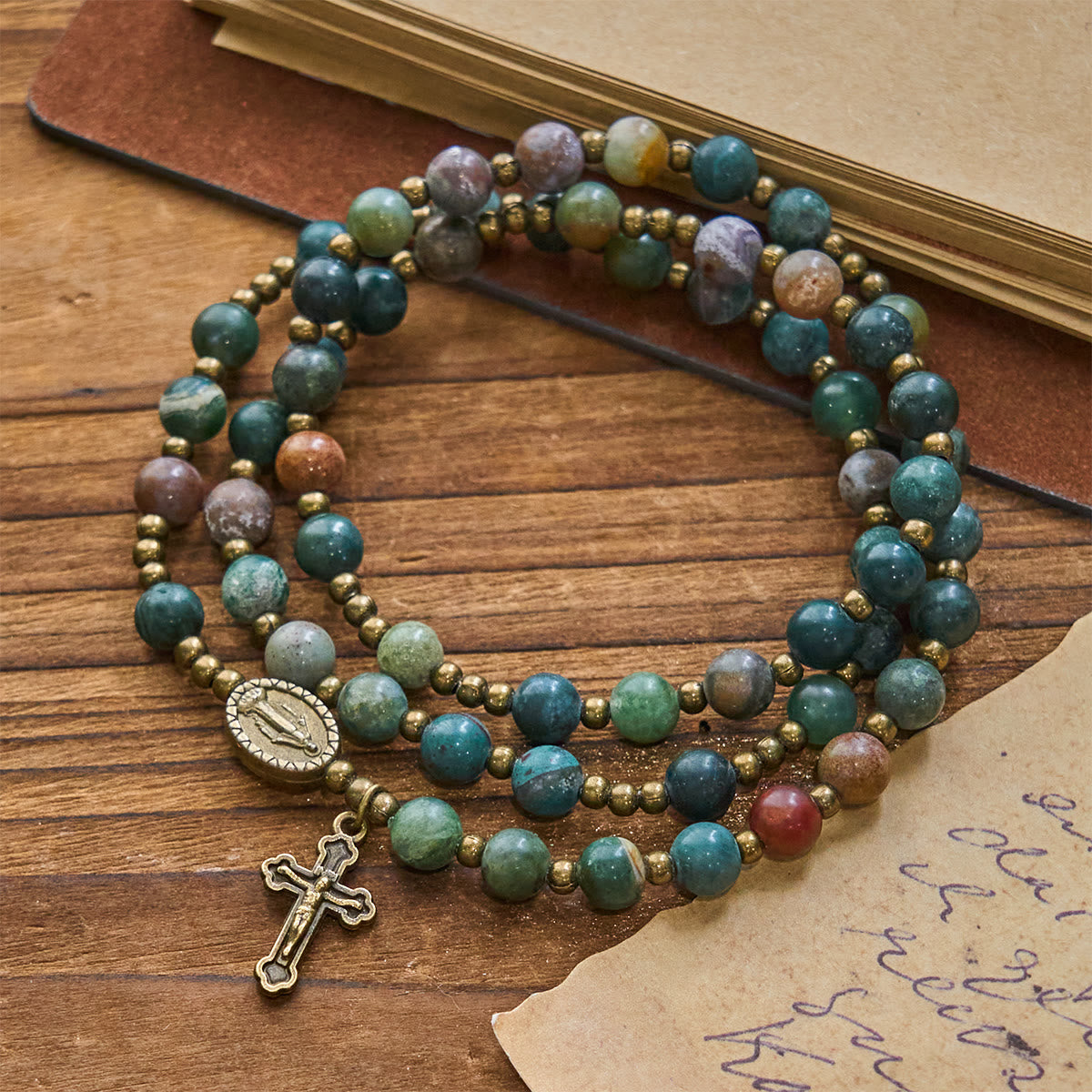 Christianartworkshop Earth-Toned Multicolor Round Beads with Bronze Miraculous Medal & Crucifix Rosary and Bracelet