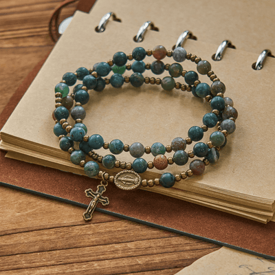 Christianartworkshop Earth-Toned Multicolor Round Beads with Bronze Miraculous Medal & Crucifix Rosary and Bracelet