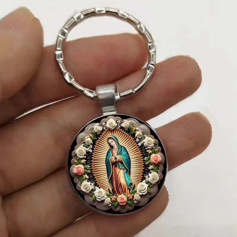 Christianartworkshop Elegant Virgin Mary Pendant Keychain: Medal of Faith and Floral Beauty