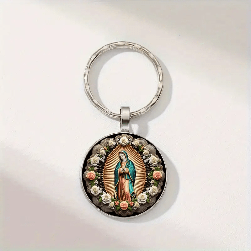 Christianartworkshop Elegant Virgin Mary Pendant Keychain: Medal of Faith and Floral Beauty