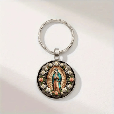 Christianartworkshop Elegant Virgin Mary Pendant Keychain: Medal of Faith and Floral Beauty