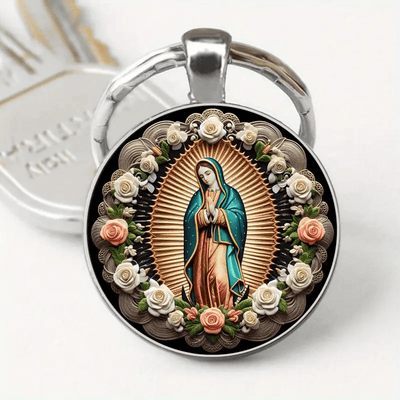 Christianartworkshop Elegant Virgin Mary Pendant Keychain: Medal of Faith and Floral Beauty