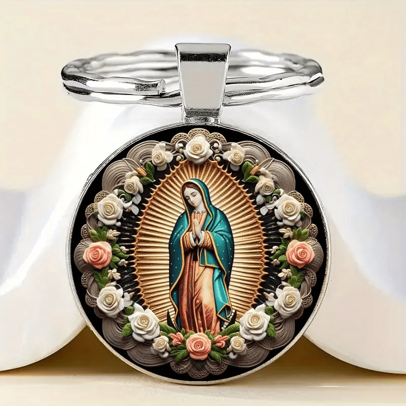 Christianartworkshop Elegant Virgin Mary Pendant Keychain: Medal of Faith and Floral Beauty
