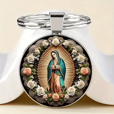 Christianartworkshop Elegant Virgin Mary Pendant Keychain: Medal of Faith and Floral Beauty