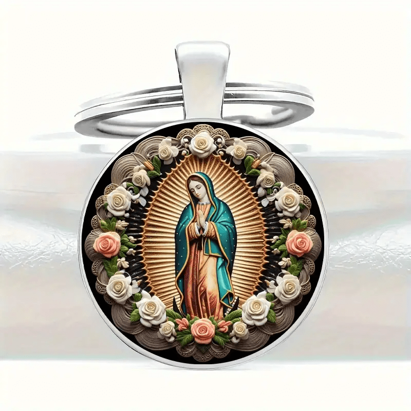 Christianartworkshop Elegant Virgin Mary Pendant Keychain: Medal of Faith and Floral Beauty