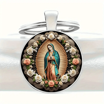 Christianartworkshop Elegant Virgin Mary Pendant Keychain: Medal of Faith and Floral Beauty