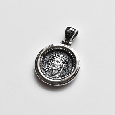 Christianartworkshop Sterling Dual-Face Medal Necklace with Crown of Thorns & Our Lady of Sorrows