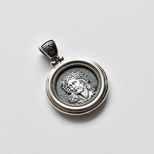 Christianartworkshop Sterling Dual-Face Medal Necklace with Crown of Thorns & Our Lady of Sorrows