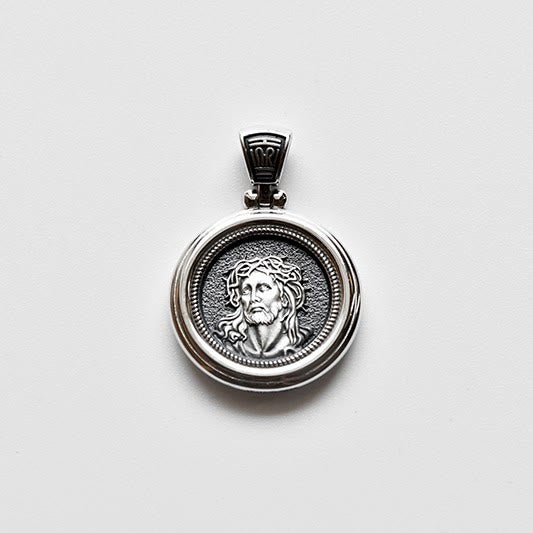 Christianartworkshop Sterling Dual-Face Medal Necklace with Crown of Thorns & Our Lady of Sorrows