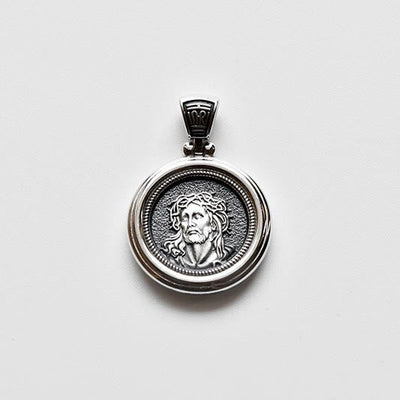 Christianartworkshop Sterling Dual-Face Medal Necklace with Crown of Thorns & Our Lady of Sorrows